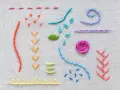 Esercitazione di ricamo a mano su tela: punti base, fiori e forme geometriche colorate.