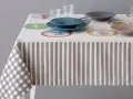 Tovaglia a righe e quadretti con piatti colorati. Un'idea per sapere come smacchiare le tovaglie e mantenerle sempre perfette.