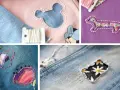 Ricamo creativo per rammendare un buco: un bassotto fiorato, un topolino e fiori su jeans.