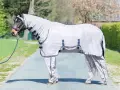A horse wearing a full body fly sheet and leg covers stands on a path outdoors.