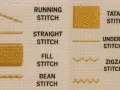 Esempi di punti ricamo: running stitch, straight stitch, fill stitch, bean stitch, tatami stitch, underlay stitches, zigzag stitches.