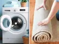 Lavatrice con cestello aperto e un tappeto arrotolato. Se la lavatrice non centrifuga il tappeto, potrebbe essere necessario un lavaggio a mano.