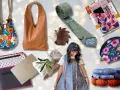 A collage of handmade fabric items: bags, a tie, a hedgehog coin purse, a laptop sleeve, a gift-wrapped item, and a woman in an apron.