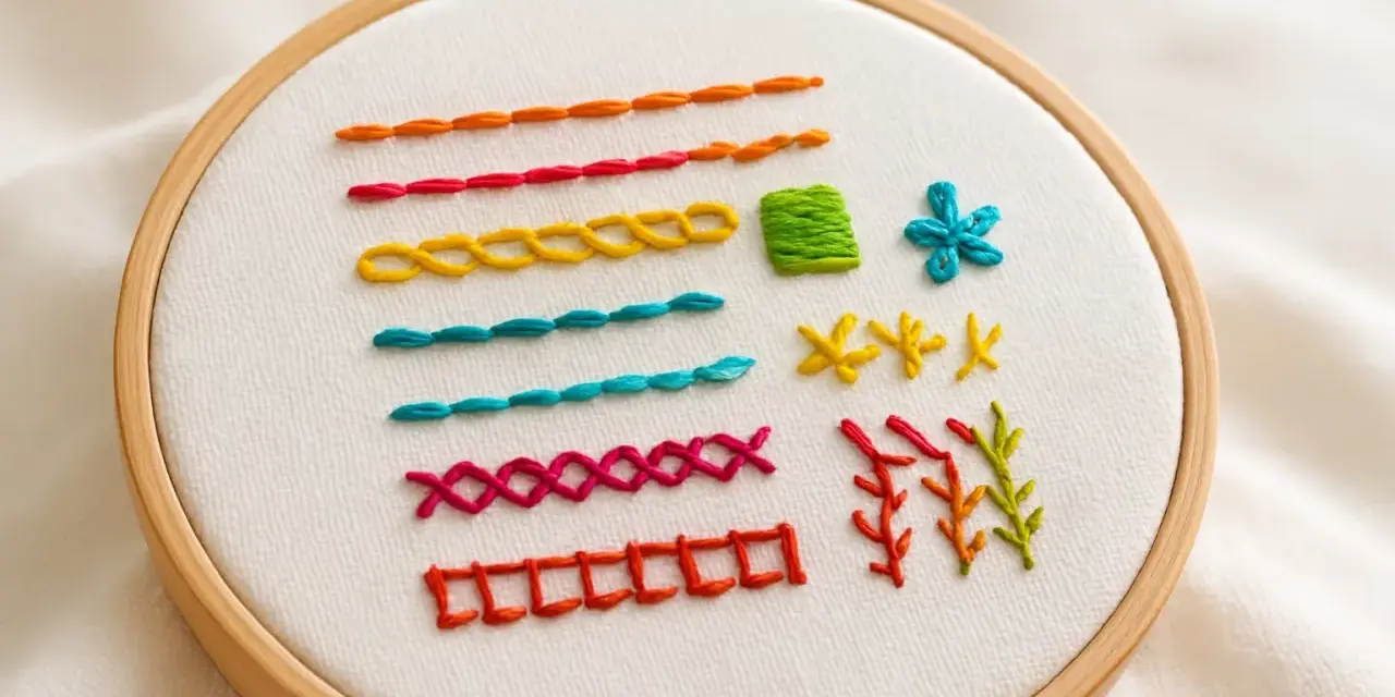 Embroidery hoop with various colorful stitches and patterns on white fabric.