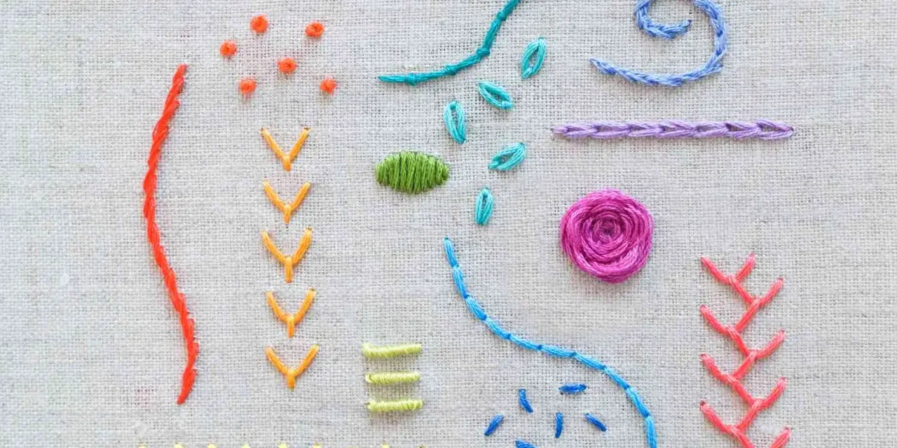 Esercitazione di ricamo a mano su tela: punti base, fiori e forme geometriche colorate.