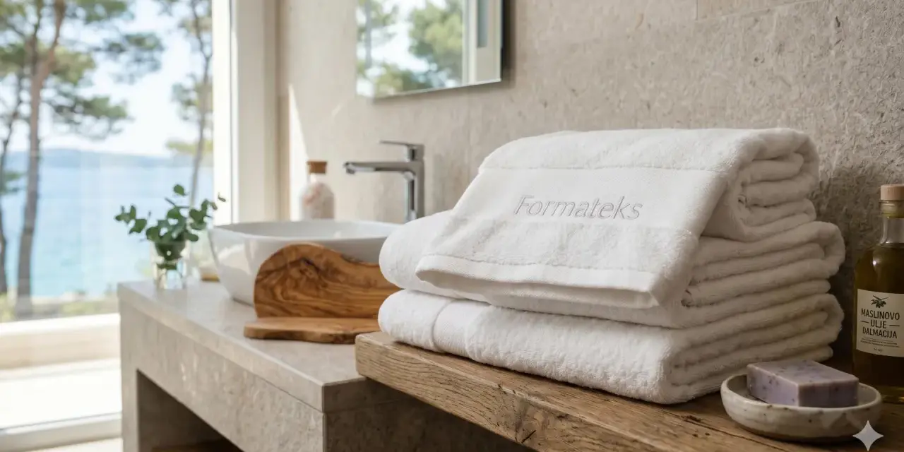 Asciugamani bianchi morbidi, con logo "Formateks", pronti per essere usati. Si possono lavare asciugamani e tovaglie insieme, per un bucato sempre fresco.
