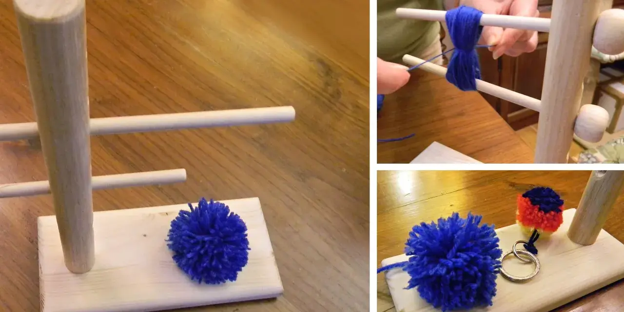 Creazione di pon pon di lana fai da te con un attrezzo in legno. Un pompon blu è pronto, un altro è in lavorazione.
