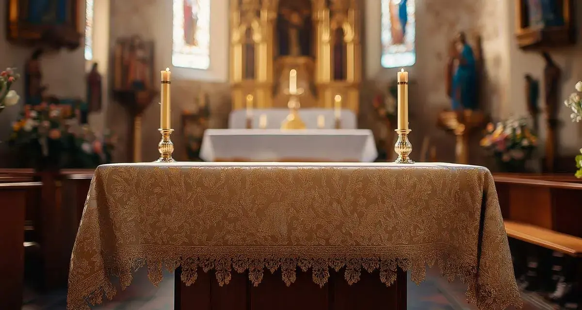 Tavola imbandita con candele accese, pronta per confezionare una tovaglia per altare. L'altare maggiore e le vetrate colorate creano un'atmosfera solenne.