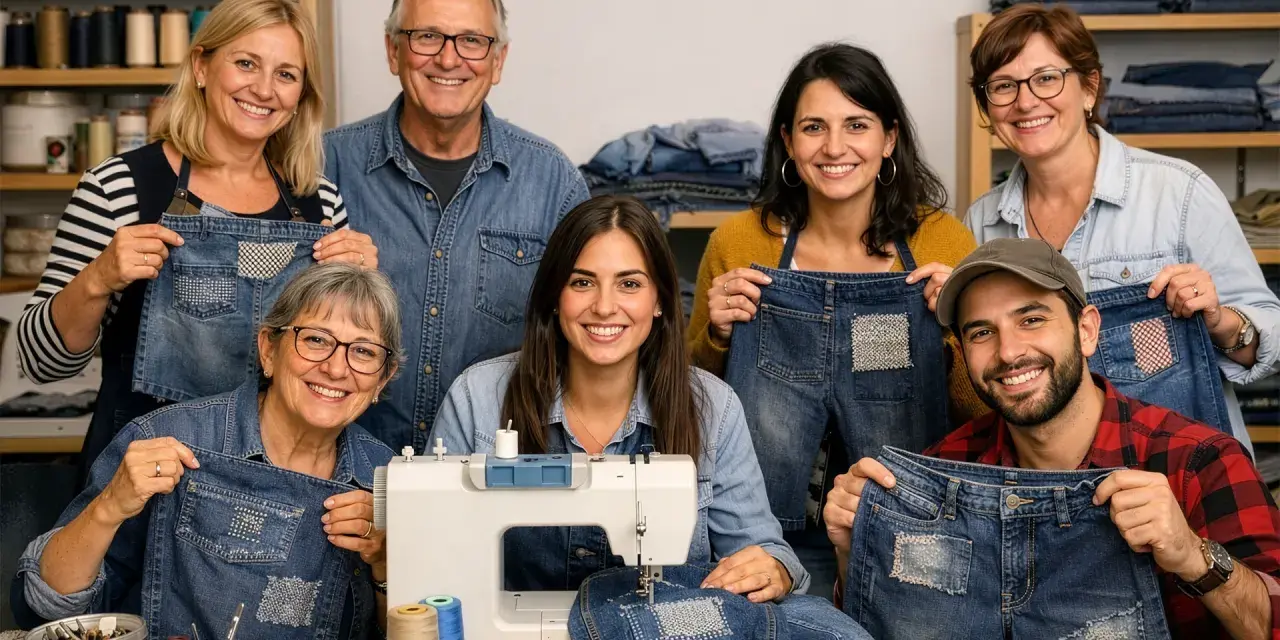Un gruppo sorridente mostra i loro jeans con toppe decorative, un esempio di rammendo jeans a mano.