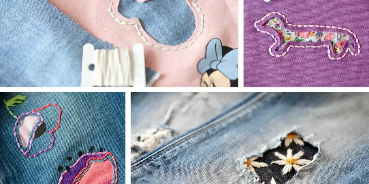 Ricamo creativo per rammendare un buco: un bassotto fiorato, un topolino e fiori su jeans.