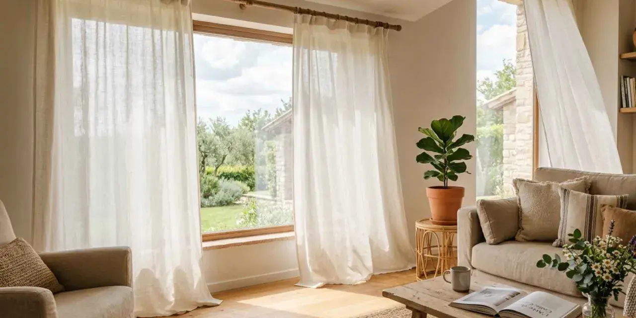 Tende leggere in lino che filtrano la luce, ideali per creare un'atmosfera rilassante. Scopri i migliori tessuti per tende.