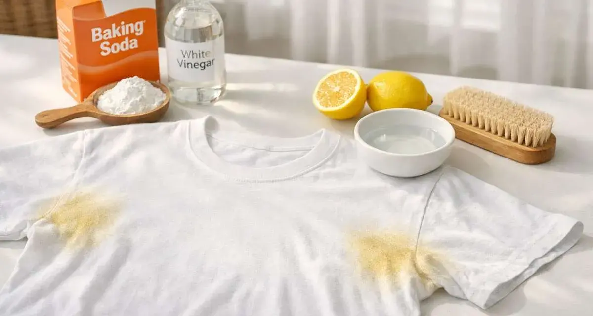 Maglietta bianca con macchie gialle sotto le ascelle, accanto a bicarbonato, aceto, limoni e spazzola per bucato.