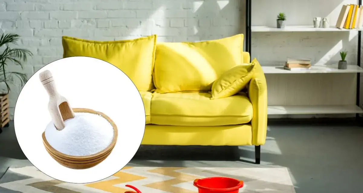 A bowl of baking soda with a scoop, next to a yellow sofa and cleaning supplies.