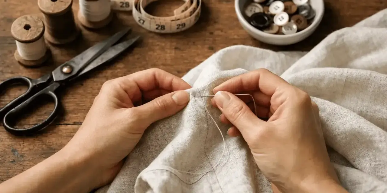 Mani che cuciono su tessuto grezzo, con forbici, rocchetti di filo e bottoni sparsi. I **sashiko schemi** ispirano la precisione del punto.