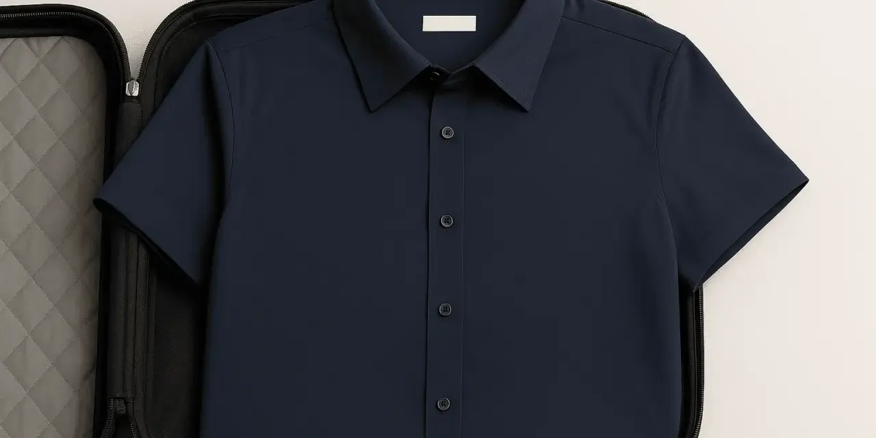 Camicia blu scuro piegata in una valigetta imbottita, un modo intelligente per capire come non stirare le camicie in viaggio.
