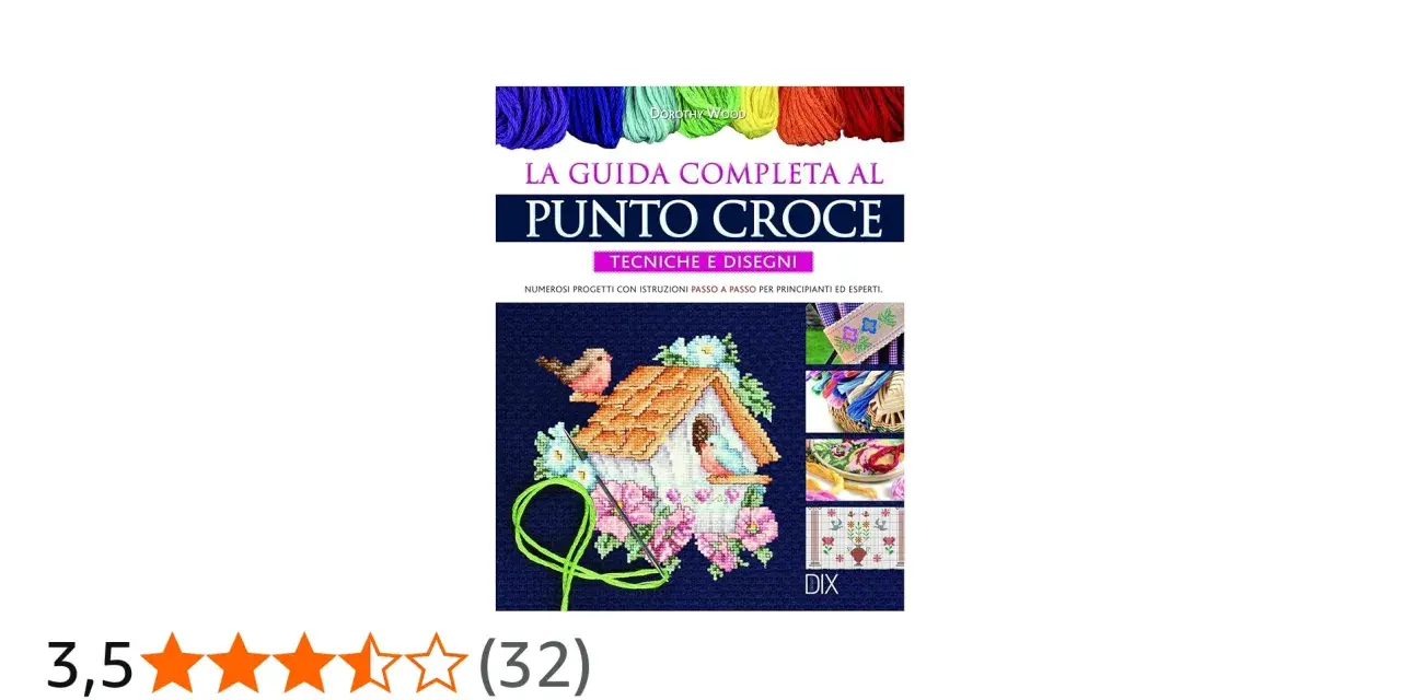 Guida completa al punto croce, con immagini di progetti, fili colorati e un uccellino su una casetta. Impara come incorniciare un ricamo punto croce.