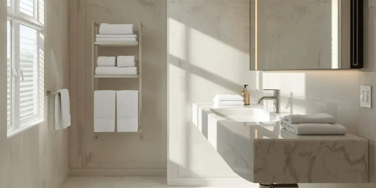 Bagno moderno con asciugamani piegati su scaffali e lavandino, stile b&b come mettere asciugamani in hotel.