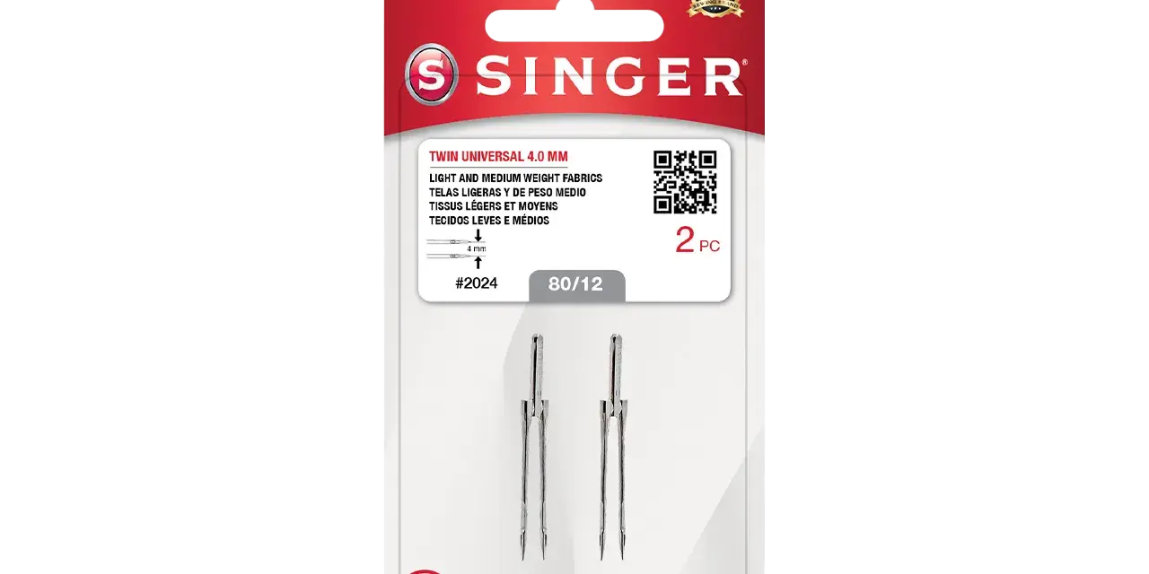 Confezione di due aghi gemelli Singer 4.0 mm, ideali per tessuti leggeri e medi. La tabella aghi per macchina da cucire indica la misura 80/12.