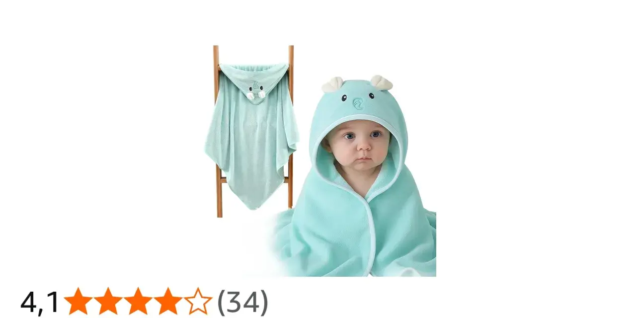 Accappatoio neonato azzurro con cappuccio a forma di animaletto. Le misure sono ideali per avvolgere il tuo piccolo dopo il bagnetto.