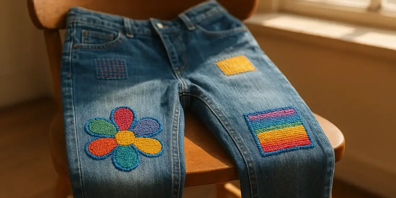 Jeans con applicazioni colorate: un fiore, un arcobaleno e quadrati decorativi, realizzati con il punto rammendo.