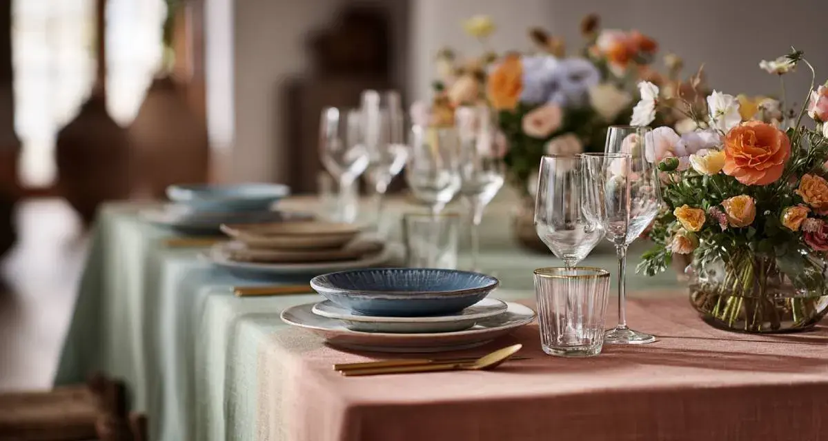 Tavola apparecchiata con piatti blu e beige, bicchieri e fiori colorati. Un esempio di come abbinare i piatti alla tovaglia sfumata.