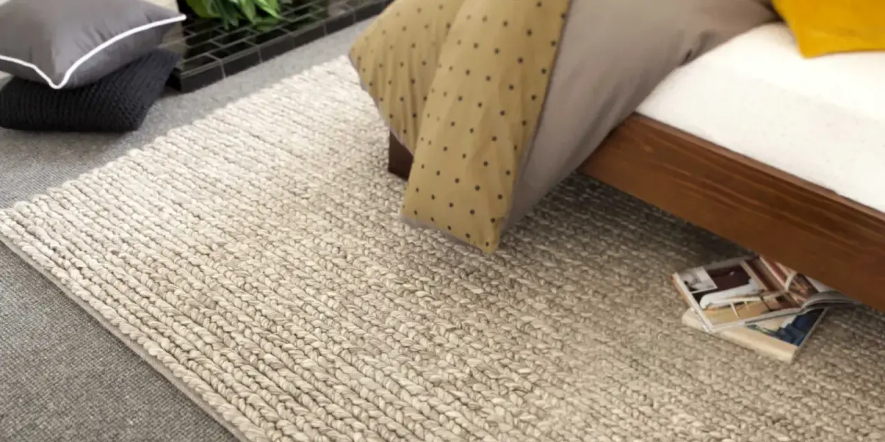 Un grande tappeto di lana intrecciata accanto a un letto. Scopri come lavare un tappeto di lana grande per mantenerlo come nuovo.