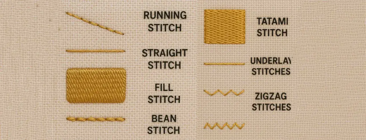 Esempi di punti ricamo: running stitch, straight stitch, fill stitch, bean stitch, tatami stitch, underlay stitches, zigzag stitches.