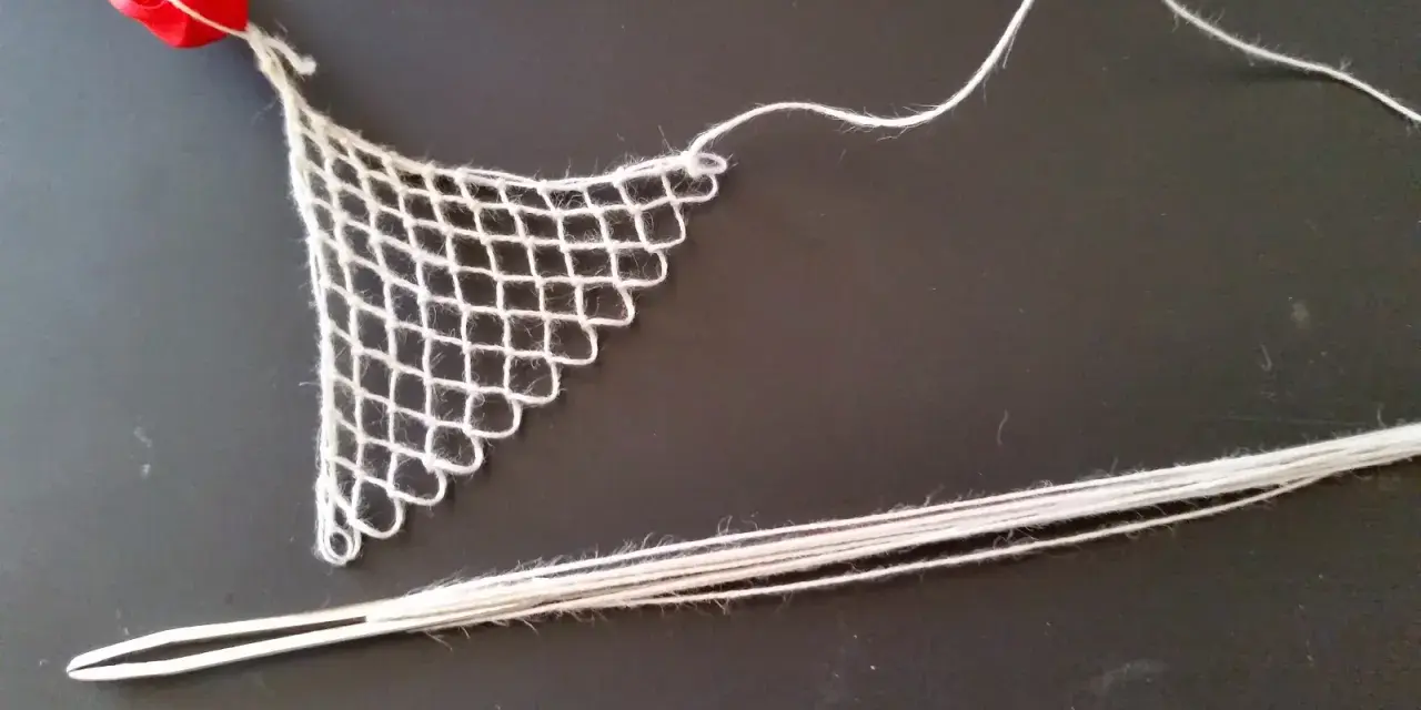 Un ago con filo bianco e un pezzo di rete a maglie, un tipo di ricamo eseguito su una rete a maglie, con un nastro rosso in alto.