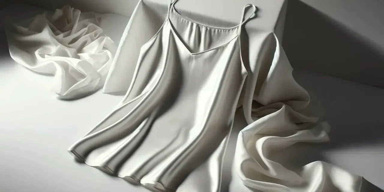 Sottoveste di seta bianca su un cubo, con drappeggi morbidi. Per mantenerla così, ecco come lavare la seta con cura.