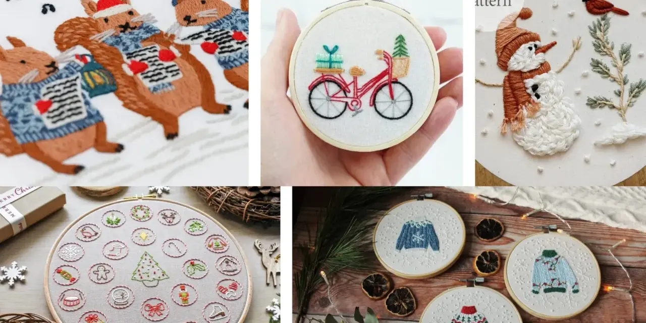 Ricami gratis per Natale: scoiattoli festosi, pupazzo di neve, bici con pacchi regalo e maglioni natalizi.