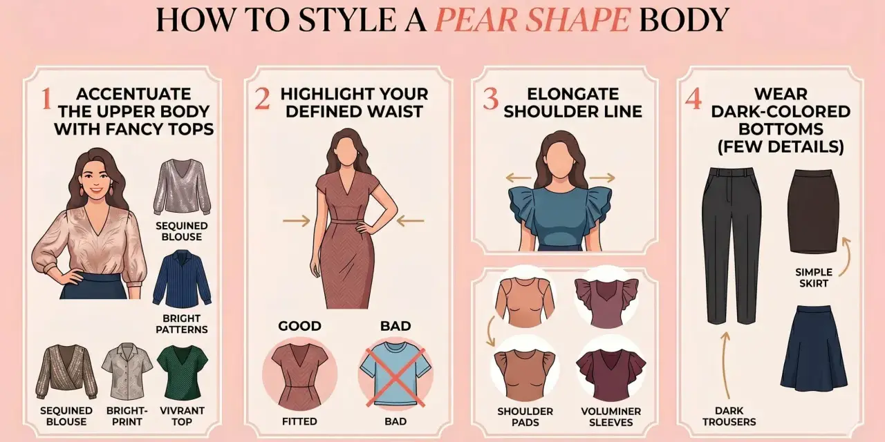 Guida per stilizzare un corpo a pera: accentua il busto, definisci il punto vita, allunga le spalle e indossa pantaloni scuri. Utile per capire come misurare le spalle donna.