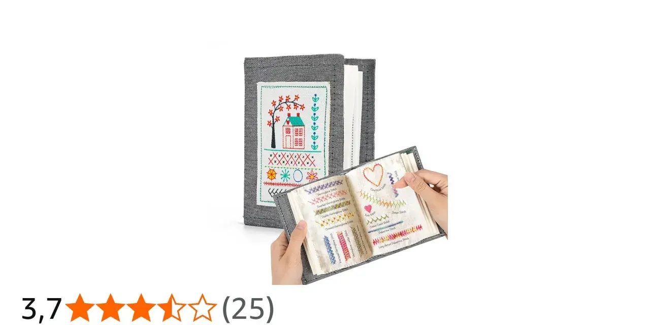 A book of embroidery stitches, with a cover featuring a house and tree, and open pages showing various stitched patterns.