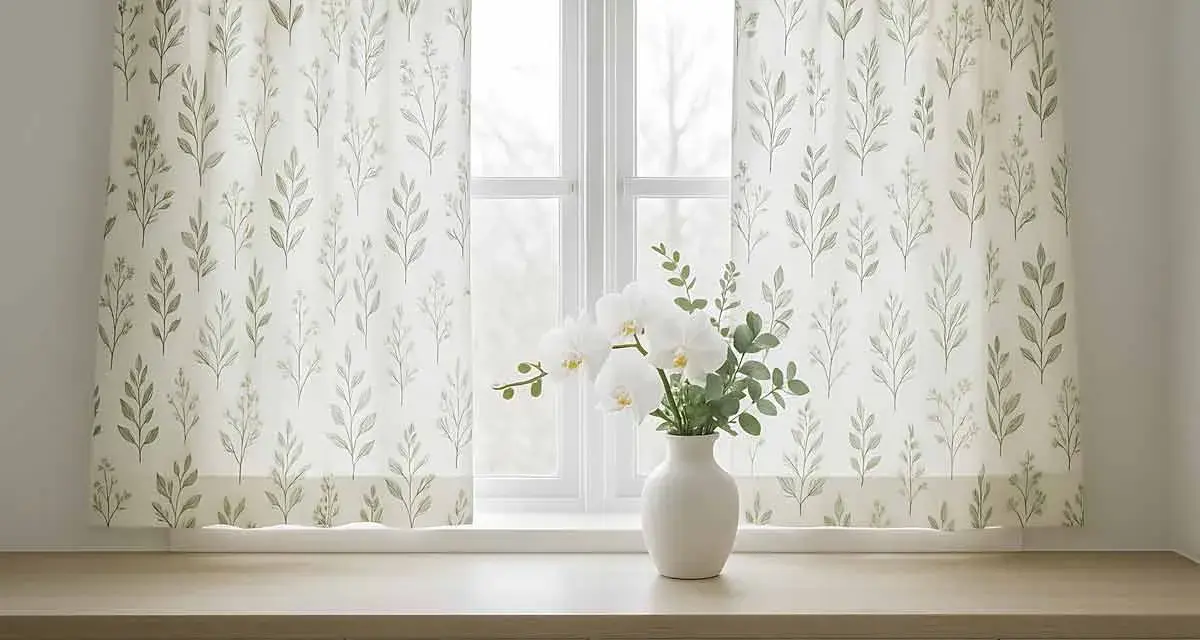 Tende fai da te con delicato motivo botanico, perfette per un tocco naturale. Un vaso di orchidee bianche completa l'arredo.