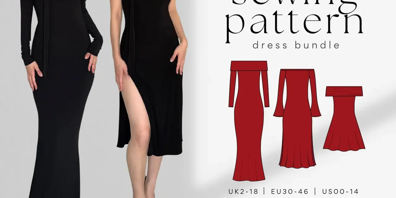 Modello per abito con scollo Bardot e tre opzioni di lunghezza vestito: maxi, midi e mini.