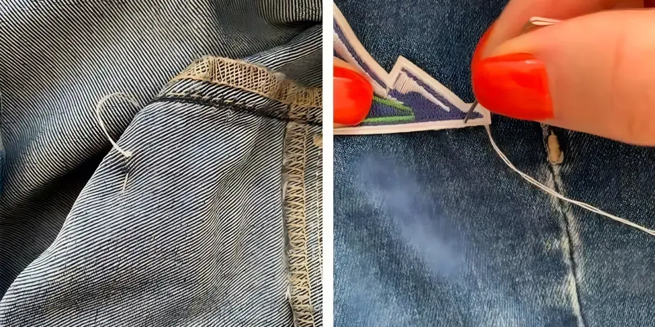 Dettaglio di come rattoppare i jeans con ago e filo, mostrando la cucitura interna e un patch decorativo applicato.