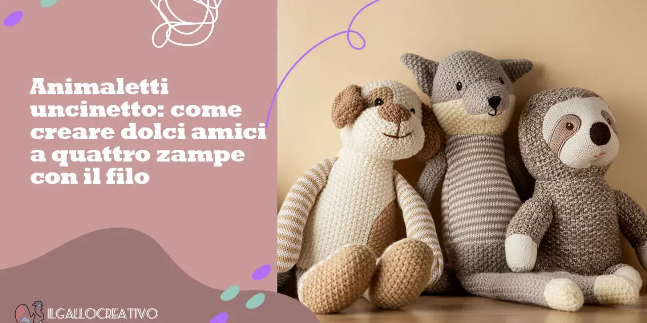 Three handmade crochet stuffed animals: a dog, a wolf, and a sloth.