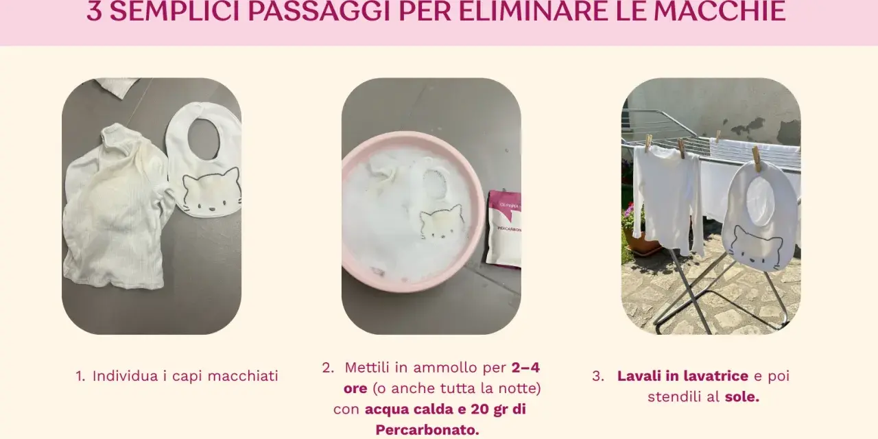 Come togliere le macchie gialle dalla biancheria: 1. Individua i capi macchiati. 2. Mettili in ammollo con acqua calda e percarbonato. 3. Lava e stendi al sole.