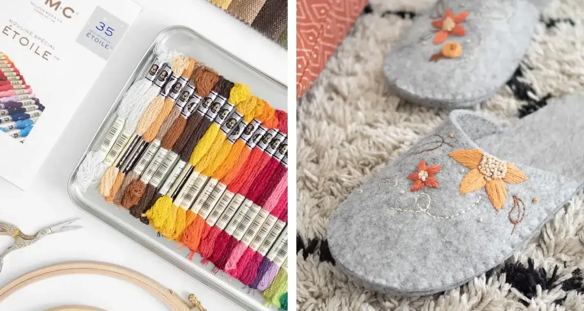 Kit per imparare come ricamare a mano: fili colorati, forbici, telai e pantofole decorate con fiori ricamati.