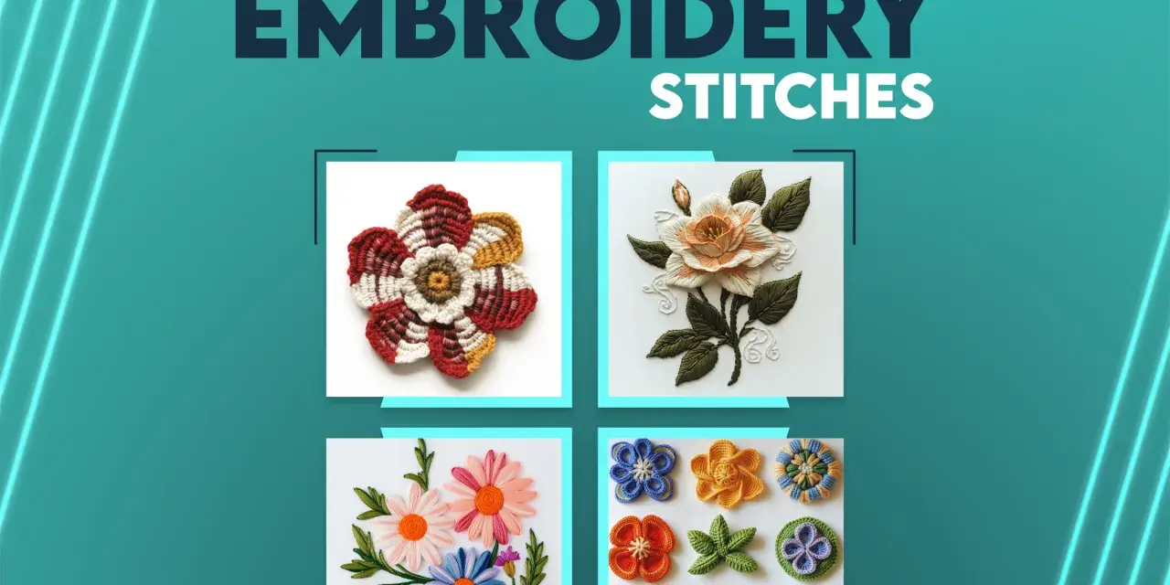 Varietà di fiori da ricamare a punto erba, con petali colorati e dettagli intricati.