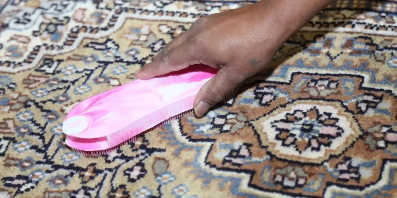 Mano che pulisce un tappeto persiano con una spazzola rosa. Sorprendentemente, si possono lavare i tappeti persiani in lavatrice con cura.