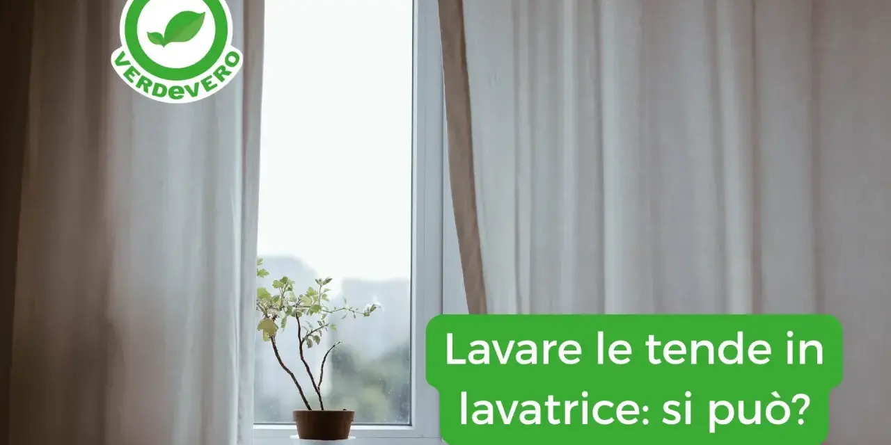 Tende chiare drappeggiate su una finestra, con una pianta in vaso sul davanzale. Il testo chiede: "Lavare le tende in lavatrice: si può?".