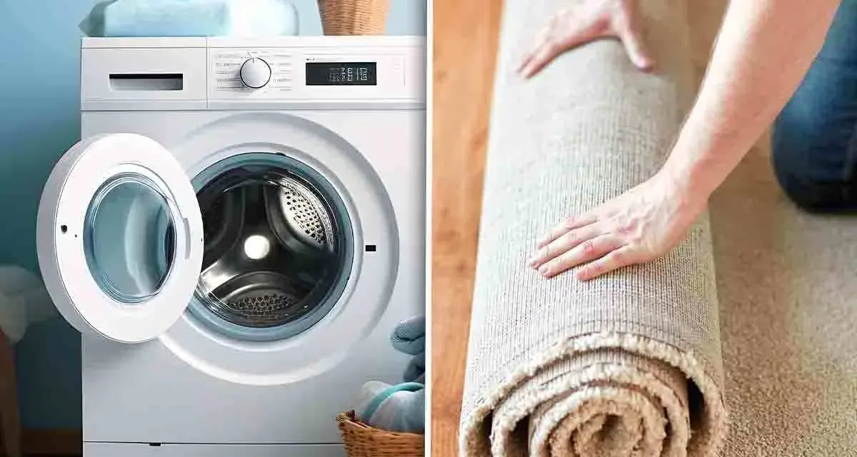 Lavatrice con cestello aperto e un tappeto arrotolato. Se la lavatrice non centrifuga il tappeto, potrebbe essere necessario un lavaggio a mano.