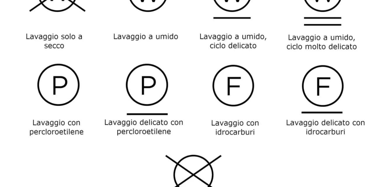Guida ai simboli lavaggio capi: lavaggio a secco, a umido, con percloroetilene e idrocarburi, con indicazioni per cicli delicati.