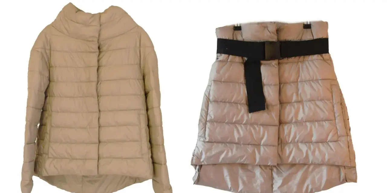 Giubbotto piumino beige e gonna piumino con cintura nera. Ideale per chi vuole imparare come tingere un giubbotto piumino.