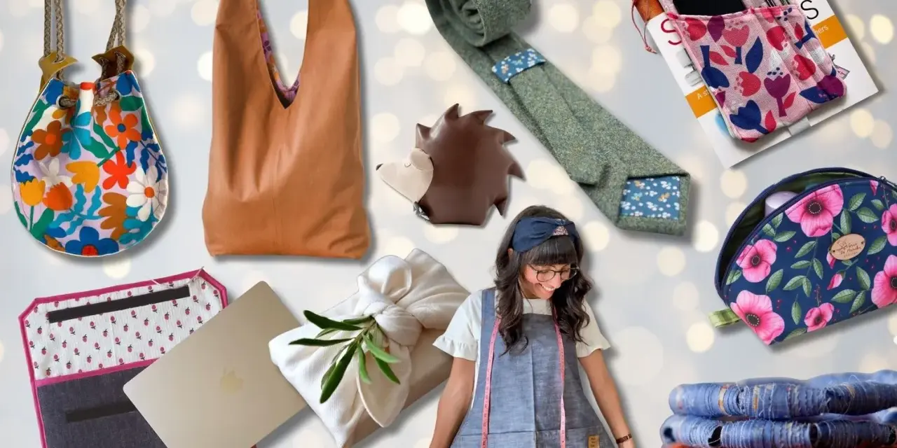 A collage of handmade fabric items: bags, a tie, a hedgehog coin purse, a laptop sleeve, a gift-wrapped item, and a woman in an apron.