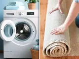 Lavatrice con cestello aperto e un tappeto arrotolato. Se la lavatrice non centrifuga il tappeto, potrebbe essere necessario un lavaggio a mano.