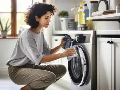 Donna pulisce la lavatrice con un panno, pensando a un disinfettante naturale per lavatrice.