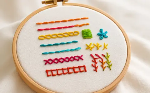 Embroidery hoop with various colorful stitches and patterns on white fabric.