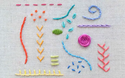 Esercitazione di ricamo a mano su tela: punti base, fiori e forme geometriche colorate.