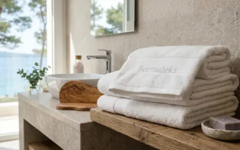 Asciugamani bianchi morbidi, con logo "Formateks", pronti per essere usati. Si possono lavare asciugamani e tovaglie insieme, per un bucato sempre fresco.